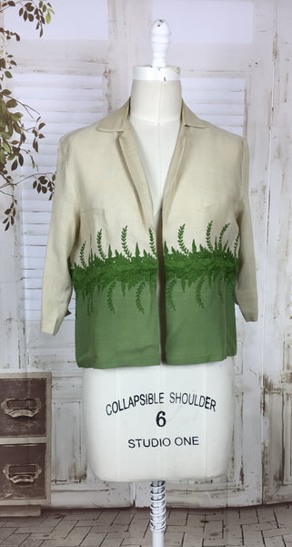 Original 1950s 50s Vintage Cream And Green Linen  Jacket With Green Embroidered Leaves By Kaye Fashions