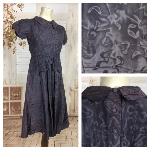 Original Vintage Late 1930s 30s Early 1940s 40s Purple Moire Bow Puff Sleeve Dress