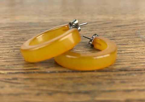 Chartreuse Orange Semi Translucent Bakelite Hoop Pierced Earrings