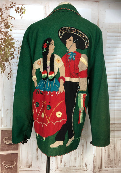 Rare Original Vintage 1940s 40s Green Embroidered Mexican Tourist Jacket