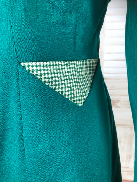 Incredible Original 1940s 40s Vintage Emerald Green Blazer With Gingham Details