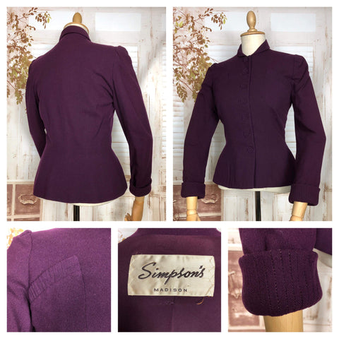 Wonderful Original Early 1940s Vintage Aubergine Purple Suit Jacket Blazer