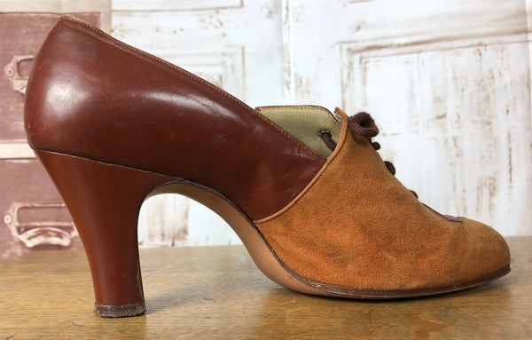 Incredible Original Late 1930s / Early 1940s Two Tone Brown Suede And Leather Lace Up Heels