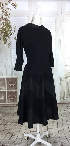 Original 1940s Black Wool And Taffeta New Look Skirt Suit With Chevron Stripe Skirt By Junior House USA