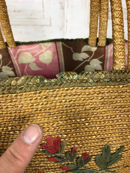 Large 1940s 40s Floral Embroidered Straw Tote Bag