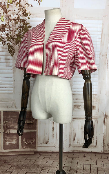 Original Vintage 1940s 40s Red Candy Striped Cropped Bolero Jacket