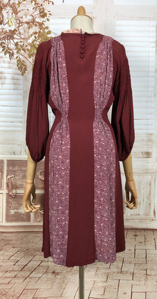 Super Rare Original 1930s 30s Volup Vintage Burgundy Crepe Dress With Gorgeous Bishop Sleeves