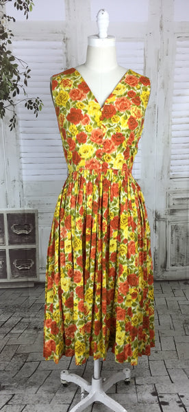 Original 1950s Vintage Orange, Yellow and Green Floral Summer Dress