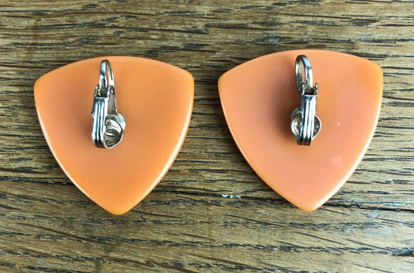 Orange Bakelite Atomic Triangular Clip On Earrings