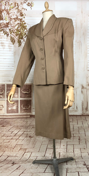Beautiful Original 1940s Vintage Sand Coloured Gabardine Suit With Pin Tuck Detailing
