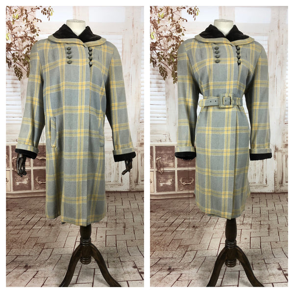 LAYAWAY PAYMENT 1 OF 3 - RESERVED FOR KELLY - Original 1940s 40s Vintage Periwinkle And Yellow Plaid Belted Swing Coat