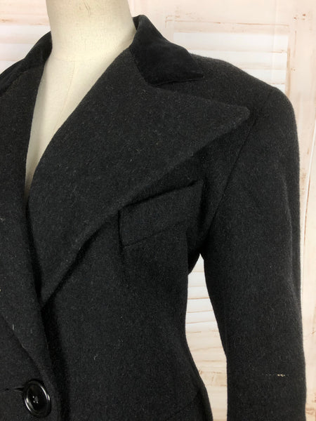 Original Vintage 1940s 40s Dark Grey Double Breasted Wool Coat By Betty Rose