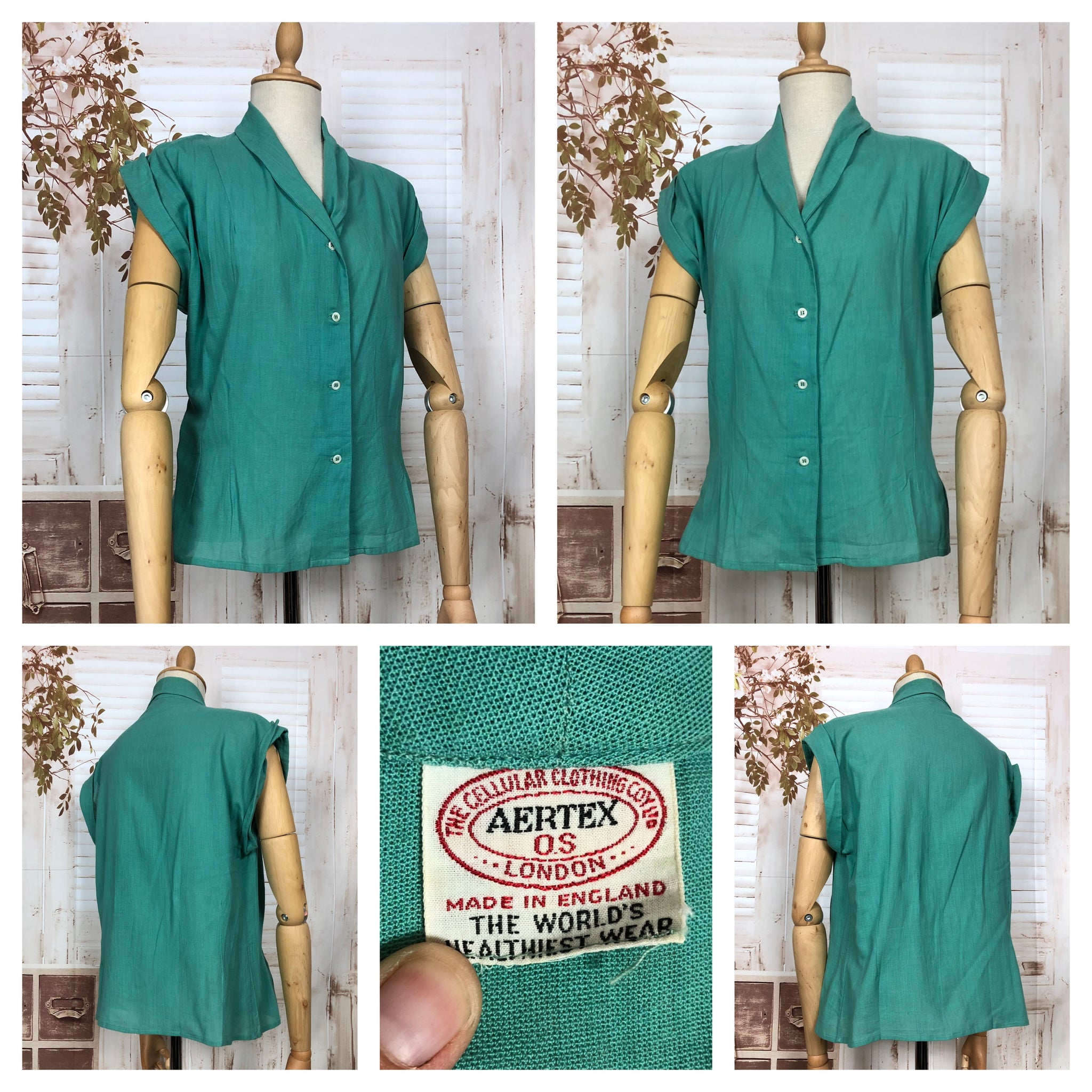 Gorgeous Late 1940s / Early 1950s Vintage Turquoise Green Lightweight Aertex Blouse