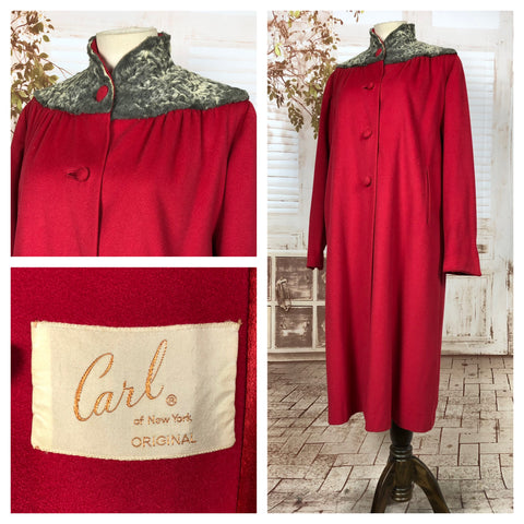 Super Rare Original 1940s 40s Vintage Red Swing Coat With Grey Astrakhan Collar By Carl Of New York