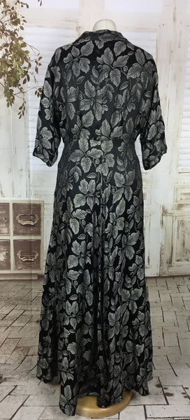 Original 1950s 50s Black Satin Evening Dress Hostess Gown With Lurex Silver Embroidered Leaves By Harvey Nichols