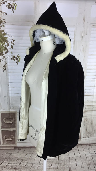 Original 1930s 30s Vintage Black Velvet Coat With Pixie Hood