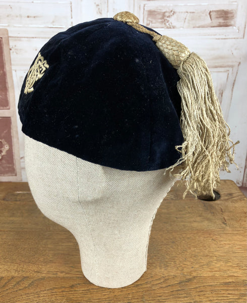 Gorgeous Original Late 1920s / Early 1930s Blue Velvet Smoking Cap With Huge Champagne Silver Tassel