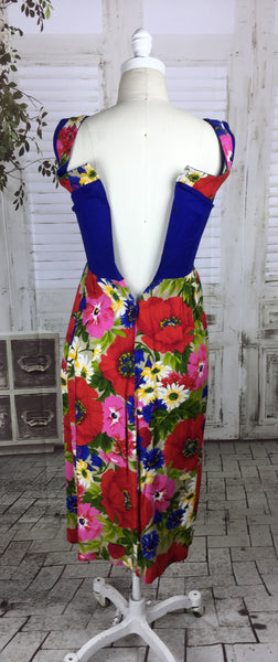 An Original Period Vintage 1950s Blue Flower Print Dress Size XS Petite Waist 24inch (Approx. Size 6-8)