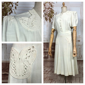 Incredible Original 1930s Volup Vintage White Puff Sleeve Dress With Rouleau Details