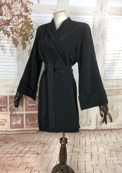 Incredible Original 1940s 40s Vintage Black Faille Belted Wrap Coat With Huge Fluted Sleeves