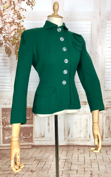 LAYAWAY PAYMENT 2 OF 2 - RESERVED FOR FRAN - Exquisite Original 1940s Vintage Vibrant Forest Green Suit Blazer With Statement Buttons