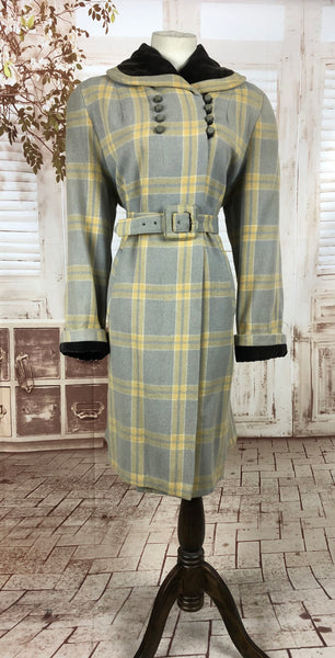 LAYAWAY PAYMENT 2 OF 3 - RESERVED FOR KELLY - Original 1940s 40s Vintage Periwinkle And Yellow Plaid Belted Swing Coat