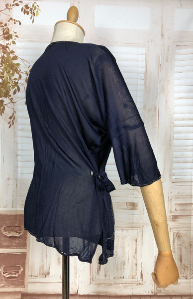 Exceptional Original 1920s Volup Vintage Midnight Blue Sheer Silk Top With Stunning Beadwork