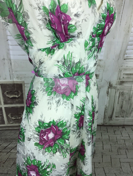 Original 1950s 50s Vintage Nylon White With Purple Flowers Summer Dress