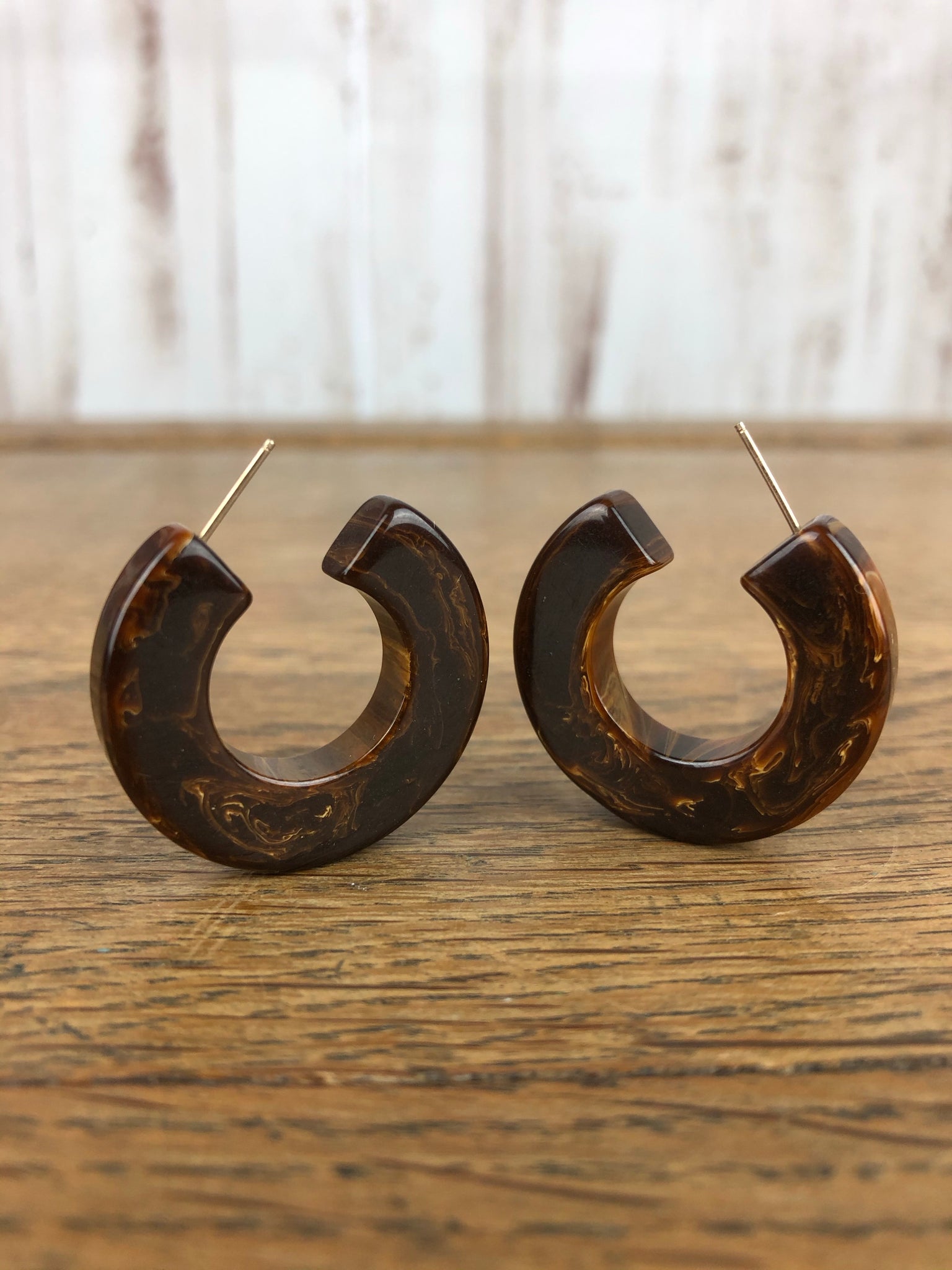 Large Brown Marbled Bakelite Hoop Pierced Earrings
