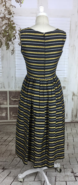 Original 1950s Black Silk Mix Dress With Silver And Gold Lurex Stripes By Trina Lewis