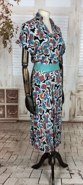 Original 1940s 40s Vintage Rayon Novelty Print Day Dress With Aqua Grosgrain Waistband