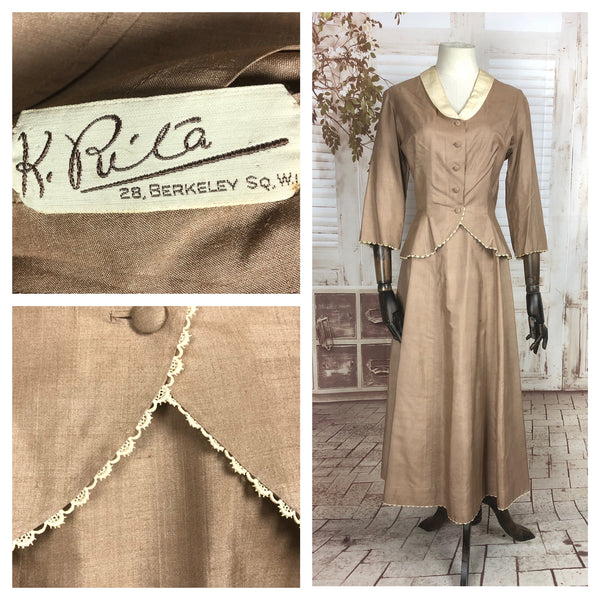 Original 1940s 40s Vintage Sand Coloured Silk New Look Skirt Suit With Lace Trim