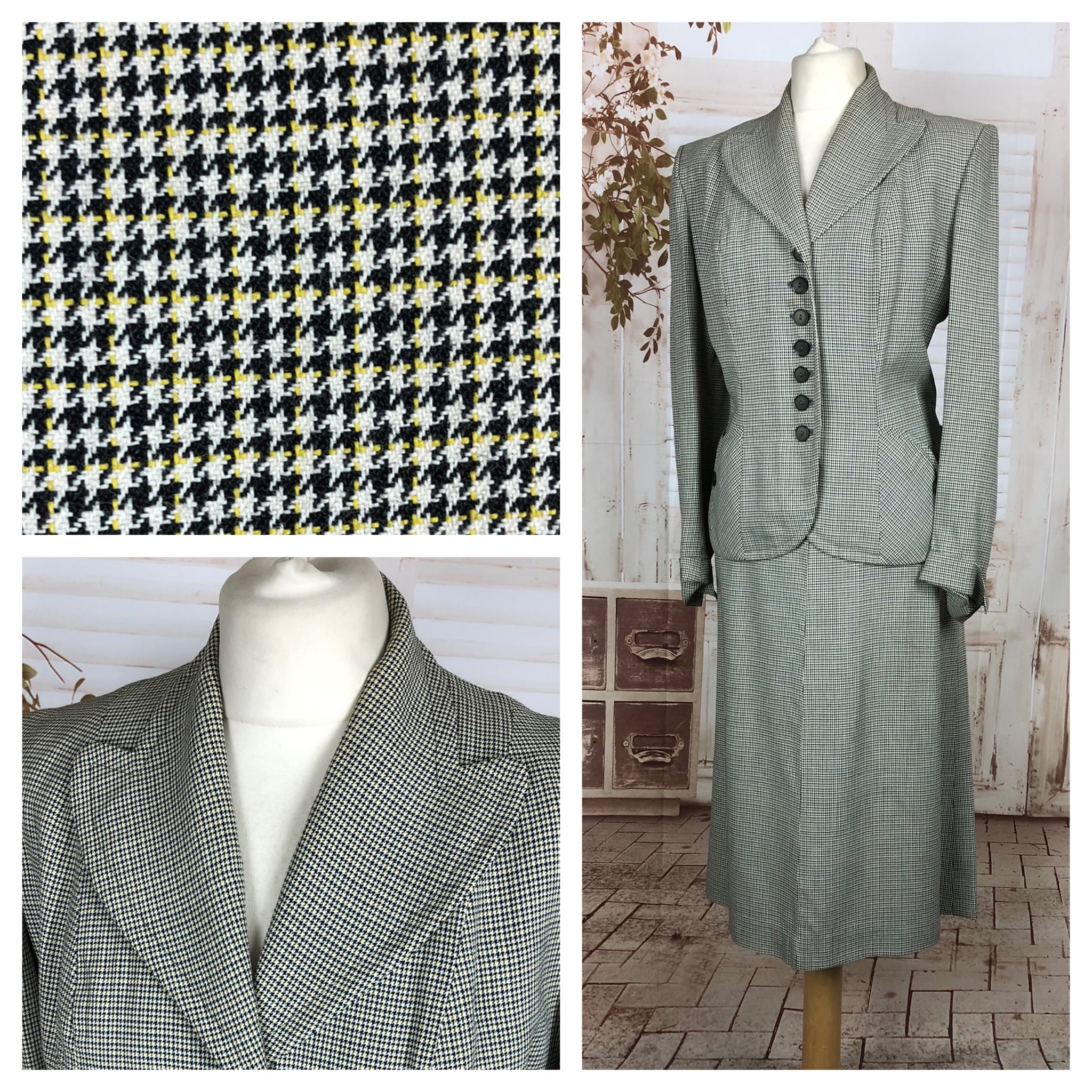 Original 1940s 40s Vintage Black And Mustard Micro Houndstooth Skirt Suit