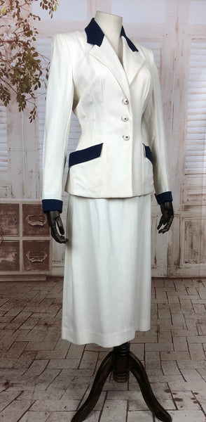 Original 1940s 40s Vintage White Summer Skirt Suit With Navy Accents By Kipness