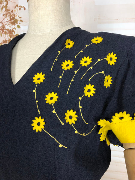 LAYAWAY PAYMENT 1 OF 2 - RESERVED FOR ELLIE - Wonderful Original 1940s Vintage Navy Blue French Dress With Mustard Yellow Daisy Appliqués