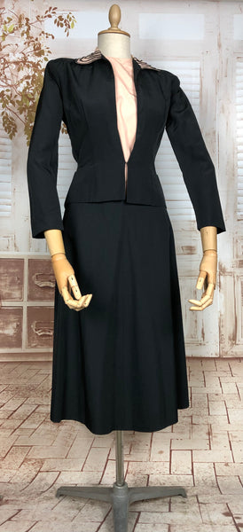 Amazing Original 1940s Vintage Black Rayon Faille Suit With Bow Detail