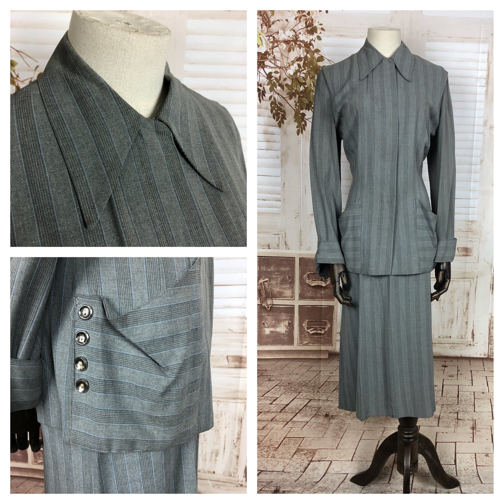 Original 1940s 40s Vintage Grey And Blue Striped Gabardine Skirt Suit