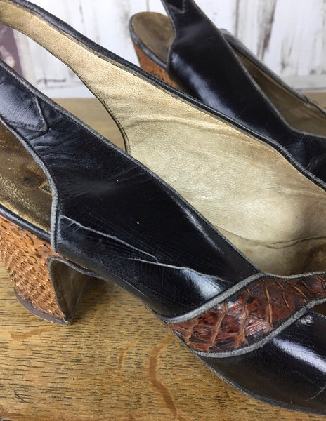Original 1940s Vintage Black Patent Leather And Brown Reptile High Heel Shoes