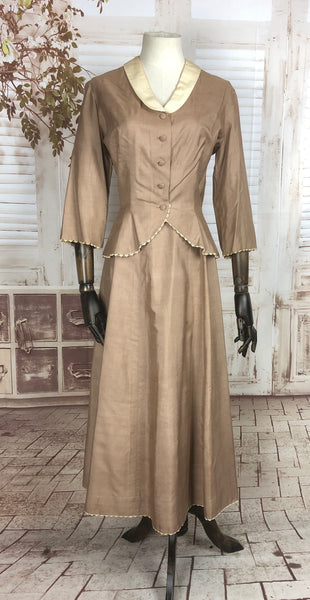 Original 1940s 40s Vintage Sand Coloured Silk New Look Skirt Suit With Lace Trim