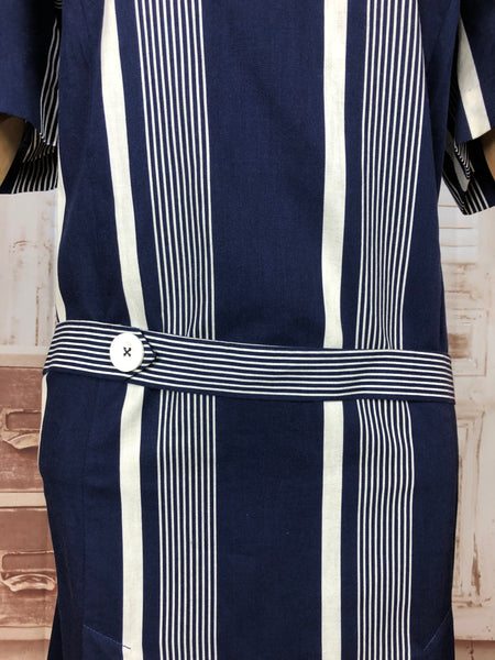 Stunning Original 1920s Art Deco Blue And White Striped Cotton Flapper Dress With Huge Collar