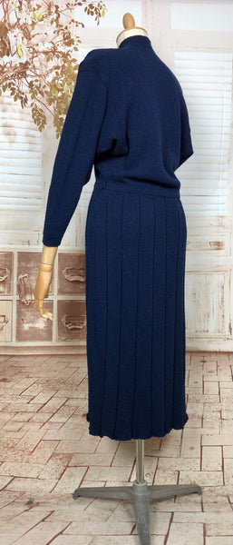 Beautiful Original Late 1940s / Early 1950s Volup Vintage Sapphire Blue Knit Dress By Kims