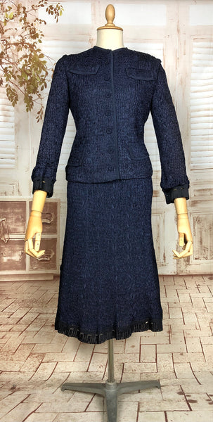 Amazing Rare Original 1940s Volup Vintage Navy Blue Ribbon Suit