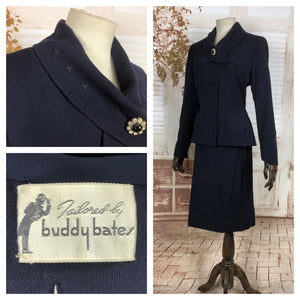 Original 1950s 50s Vintage Navy Blue Suit With Arrow Details and Amazing Collar By Buddy Bates