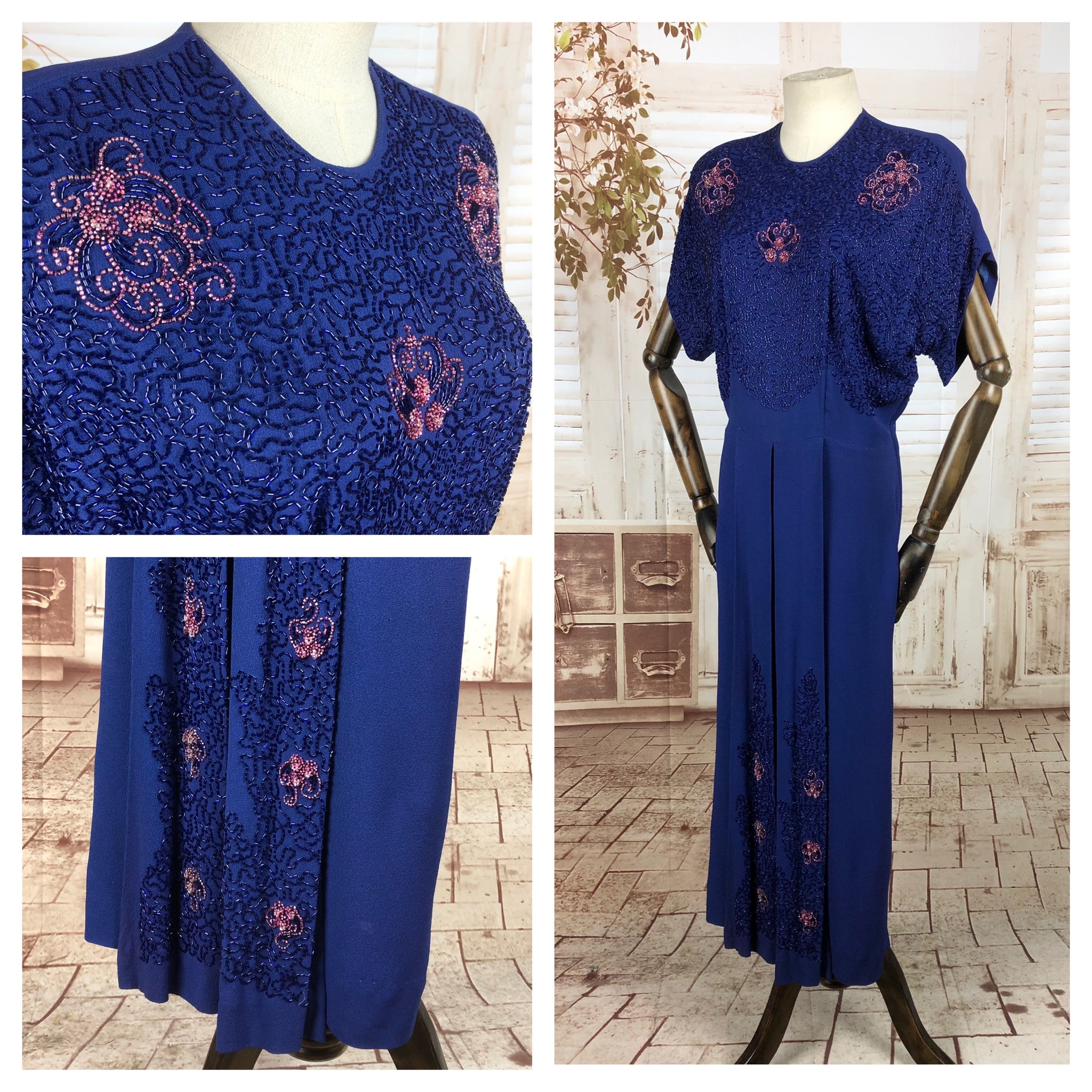 Original 1940s 40s Vintage Purple Crepe Gown With Incredible Two Colour Beading