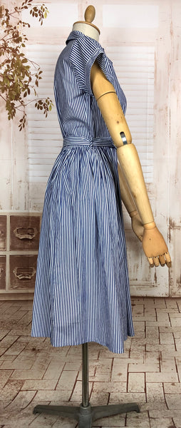 Stunning Original 1940s Vintage Blue And White Striped Belted