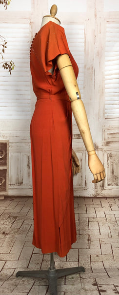 Exceptional Original Late 1930s / Early 1940s Orange Studded Cocktail Dress With Keyhole Detail