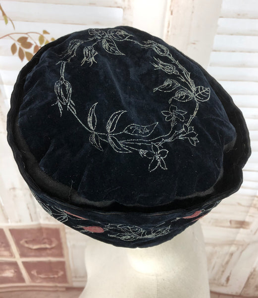 Original 1930s 30s Vintage Black Velvet Smoking Cap Hat With Hand Painted Decoration