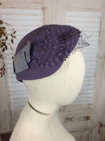 Pastel Lilac 1950s 50s Half Hat With Beading And Veil