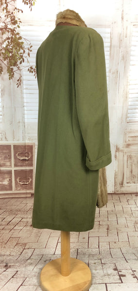 Original 1940s 40s Volup Vintage Olive Green Wool Swing Coat With Fur Trim