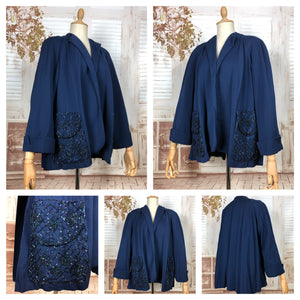 Incredible Original 1940s Volup Vintage Blue Gabardine Swing Coat With Beaded Pockets